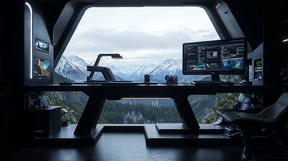 A working studio desk with monitors running, looking out over a landscape