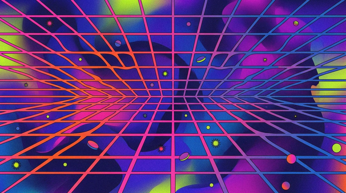 Perspective grid of magenta and cyan light