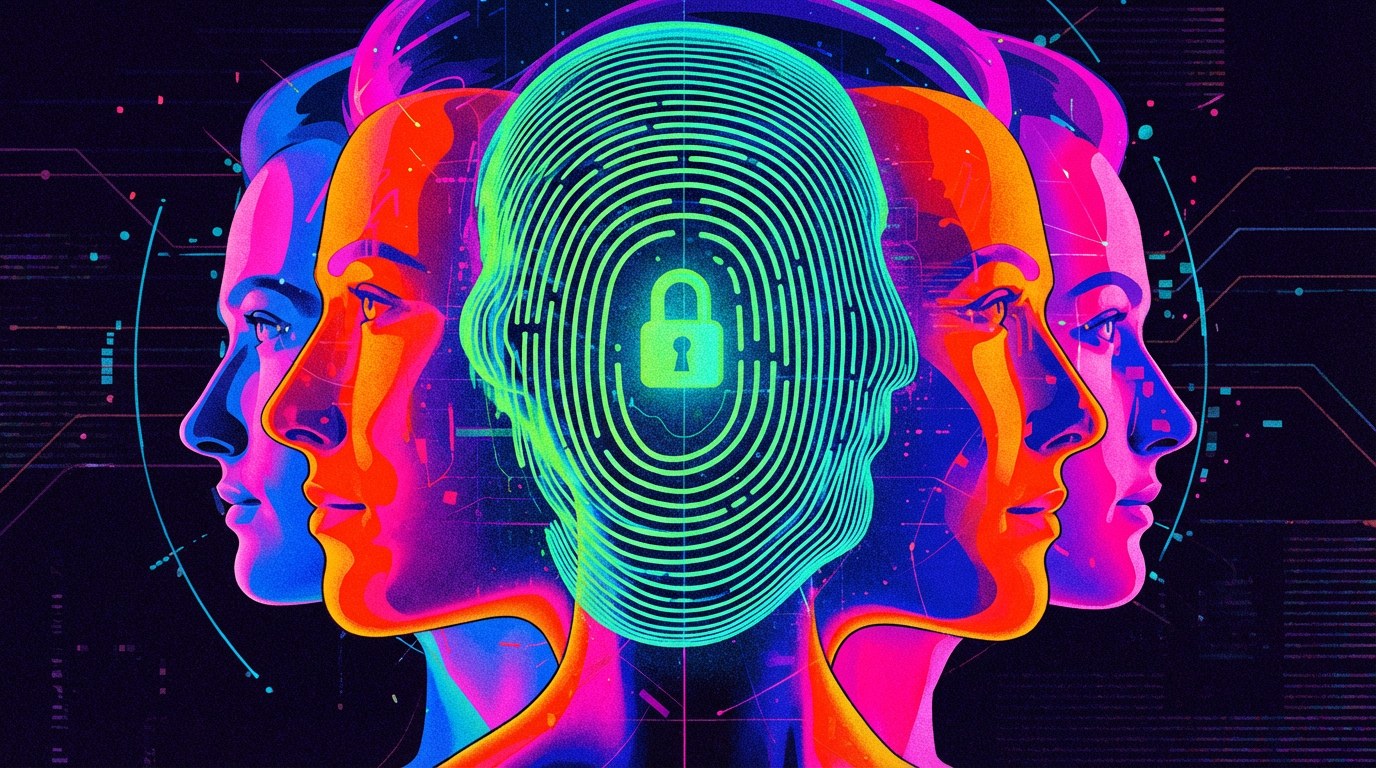 Neon profile heads around a locked fingerprint