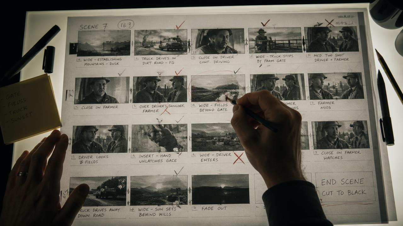 A storyboard contact sheet marked with approval ticks and crosses
