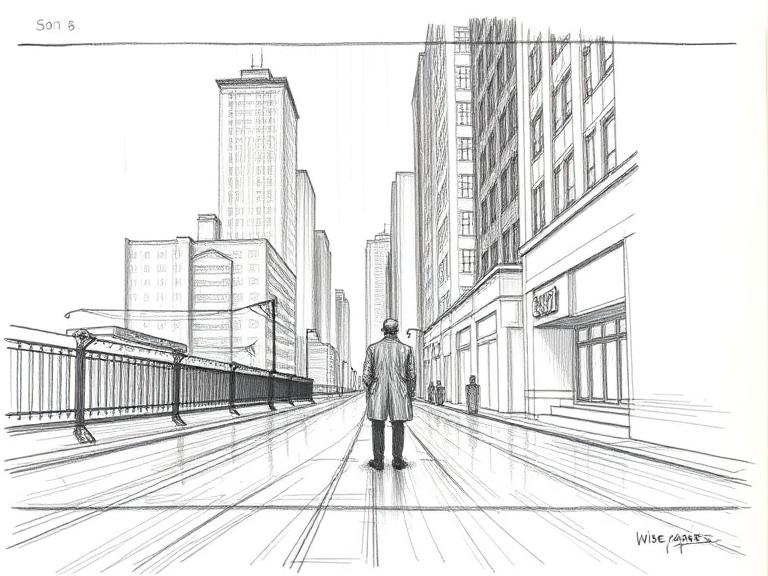 Storyboard panel 1.1, wide shot, drawn as a pencil board