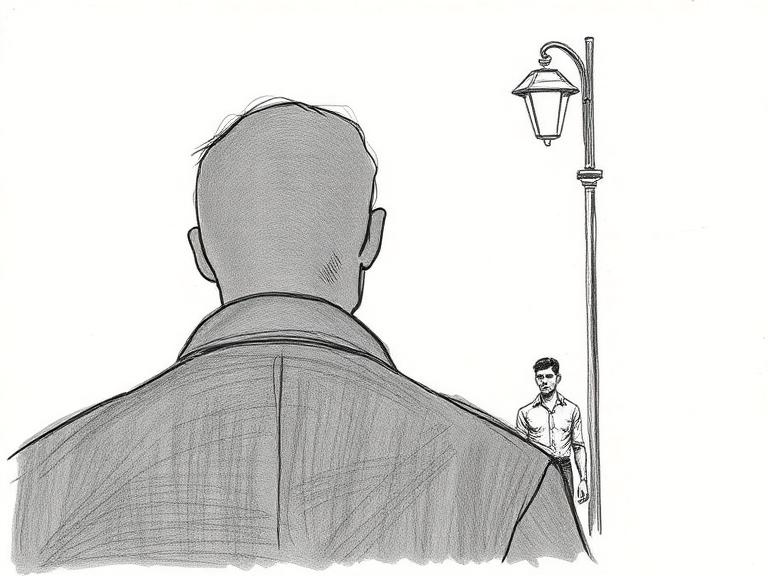 Storyboard panel 1.3, over-the-shoulder, drawn as a pencil board
